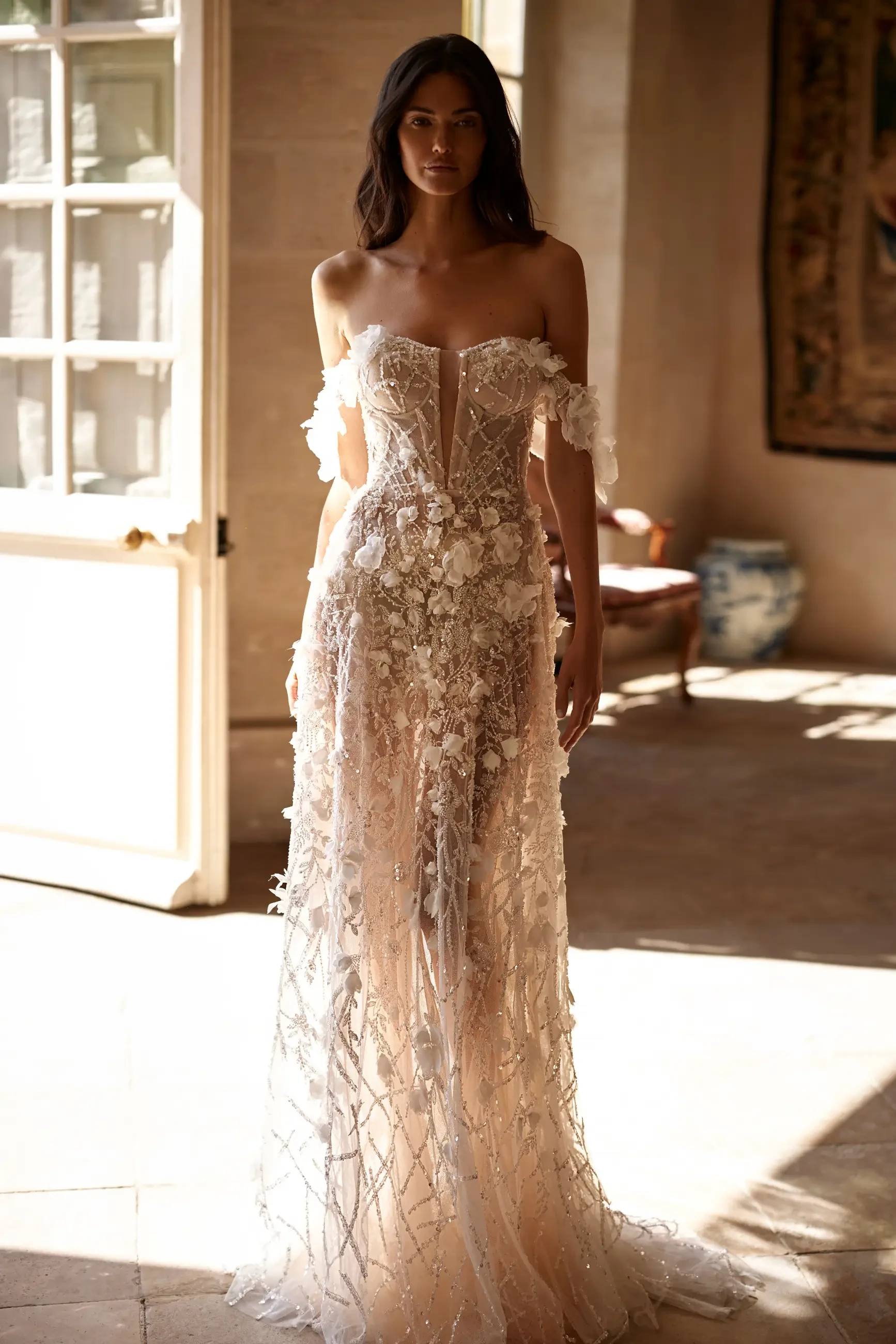 model is wearing an off the shoulder 3d lace bridal gown